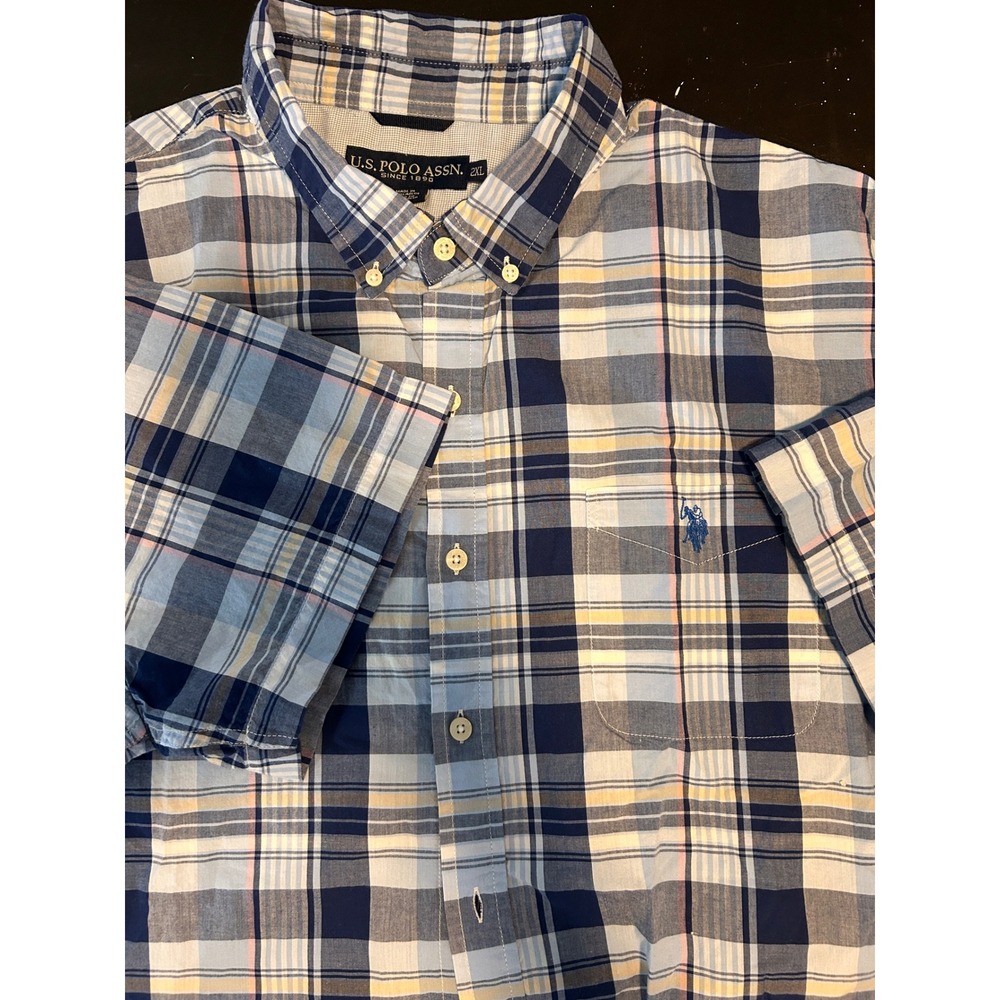 US‎ POLO ASSN Mens Plaid Short Sleeve Button Down Shirt 2XL Blue Yellow White